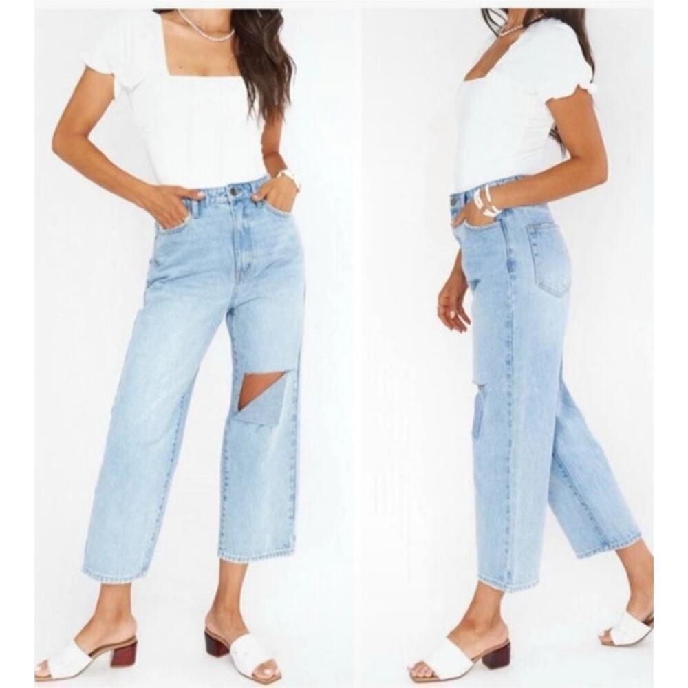 Mumu Women 29 Sedona Ripper Straight Leg Jean Light Wash Cropped Elastic Hi Rise